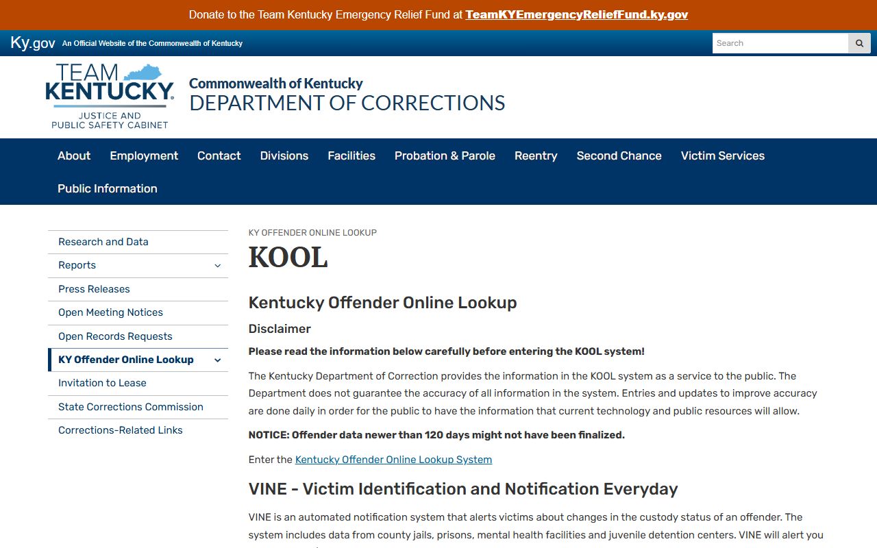 Kentucky DOC KOOL and VINE inmate information page