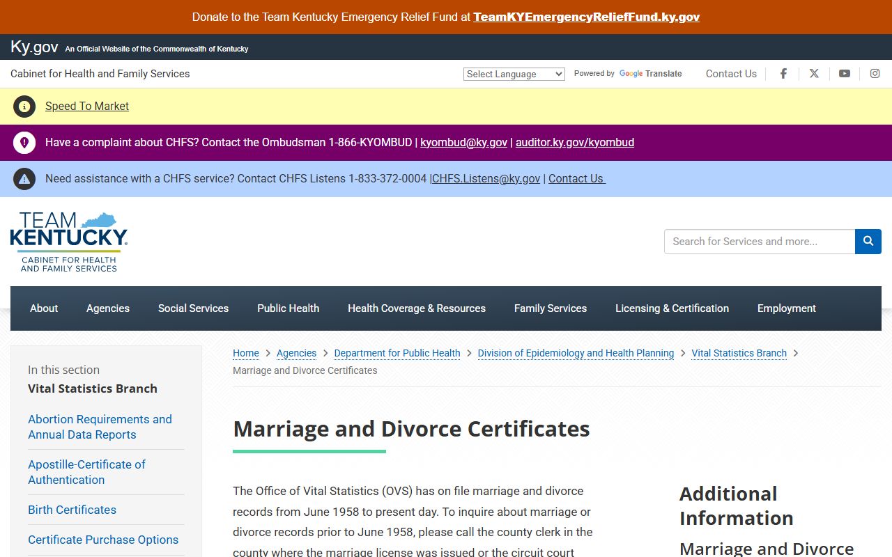 Bath County marriage and divorce records Kentucky certificate page