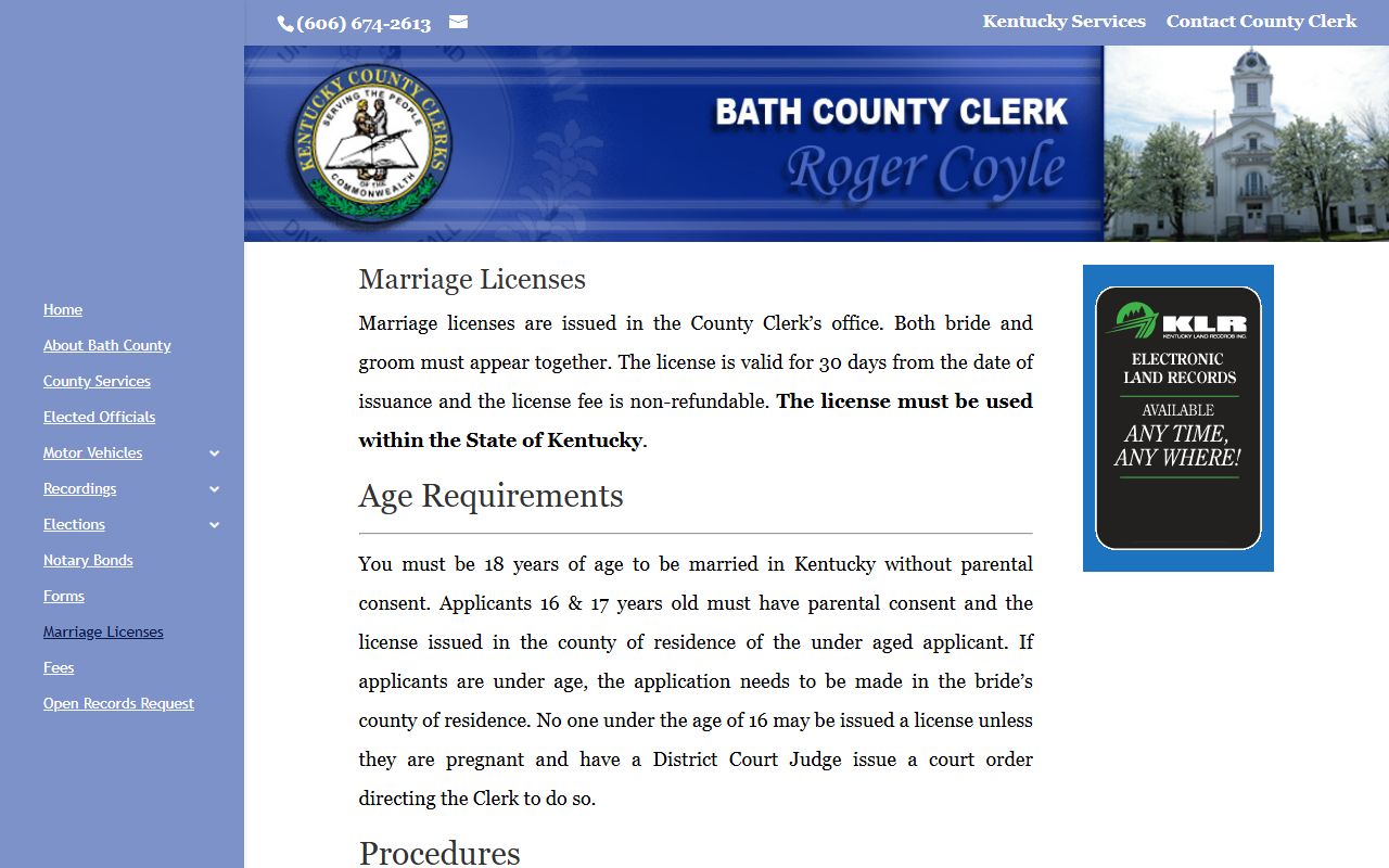 Bath County marriage records County Clerk marriage license page