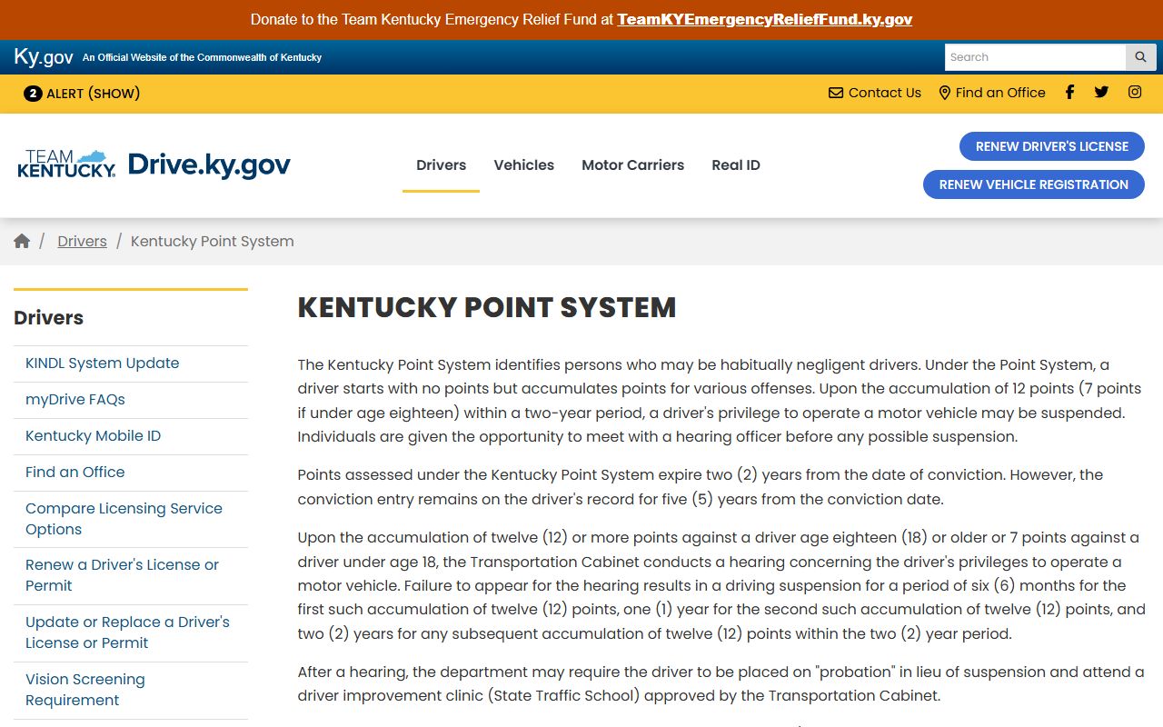 Kentucky driver point system information page