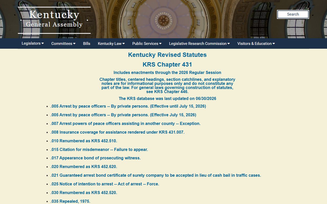 KRS Chapter 431 arrest and criminal procedure statute index